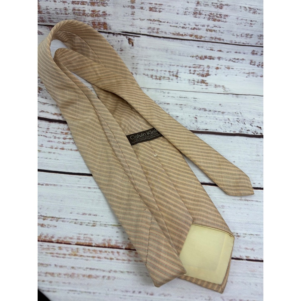 VTG Calvin Klein Mens Tie Tan Red Green Striped Silk Cotton Blend Italian Fabric - Picture 5 of 5
